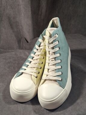 American Eagle Higher Ups Colourblock Teal Lime Platform Canvas Sneakers VG US 7